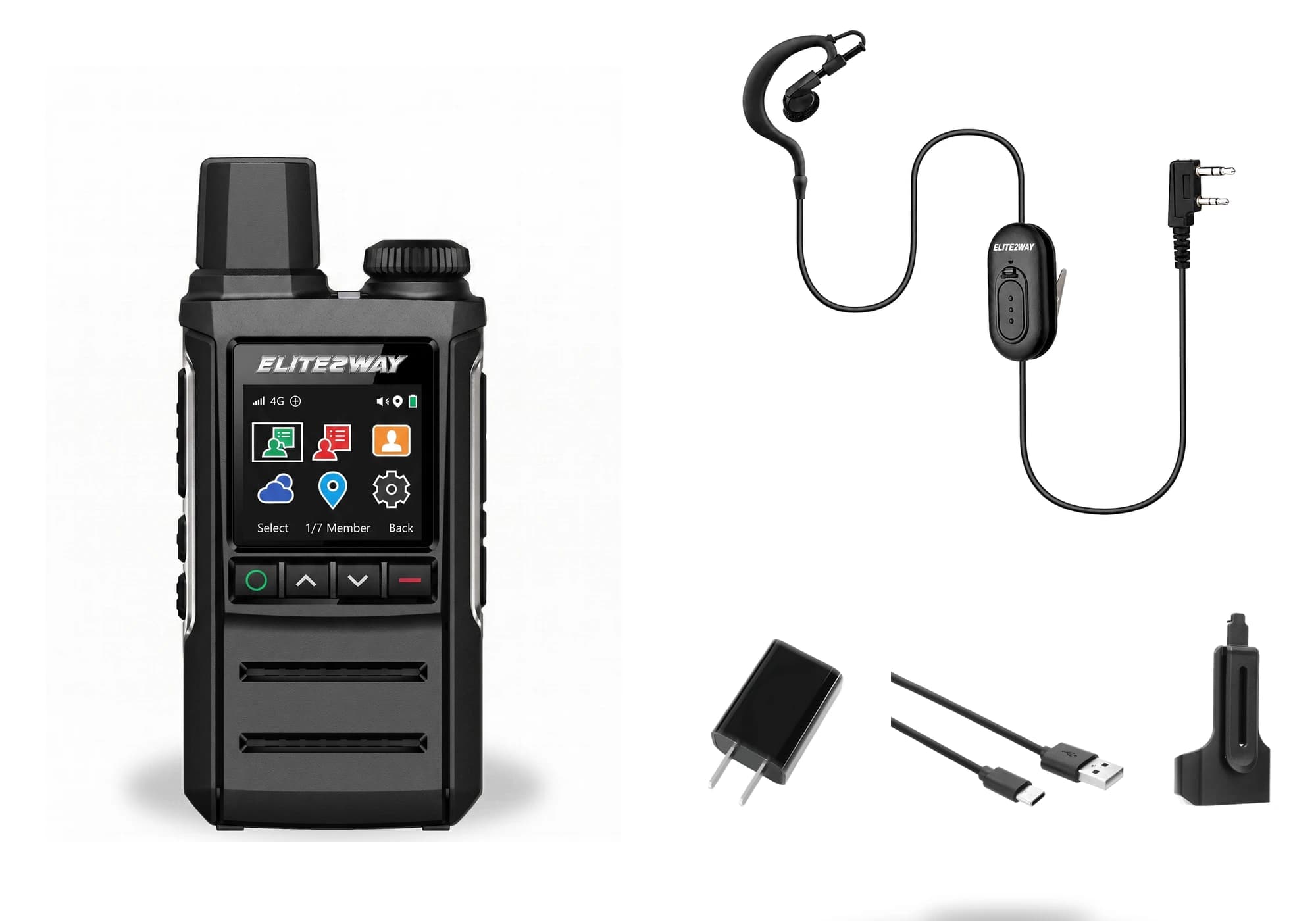 Elite2Way E2WIPQ1 radio with the included charger, USB-C cable, belt clip and premium ear-hook headset